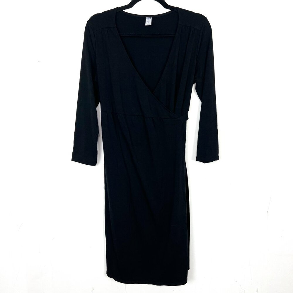 Old Navy Maternity Black Wrap Midi‎ Dress Stretch Knit 3/4 Sleeve Size Small